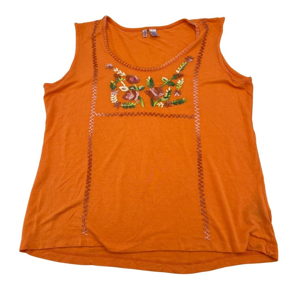 Bill Blass Women's size Large‎ Orange Sleeveless Tank Top With Floral Embroidery
